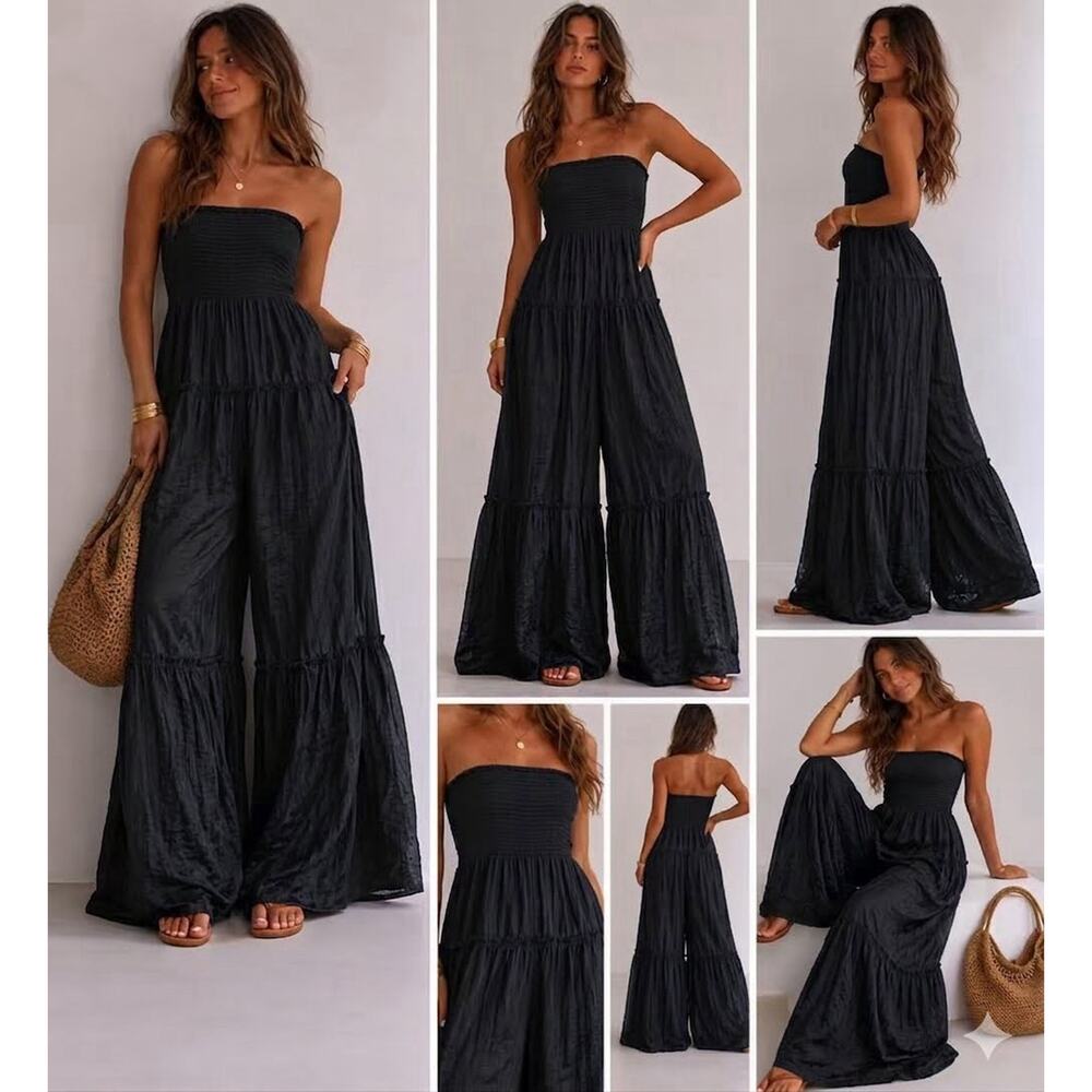 Streetwear Society Smocked Tiered Wide Leg Jumpsuit Black Boho Sz S Vacation - Picture 2 of 7